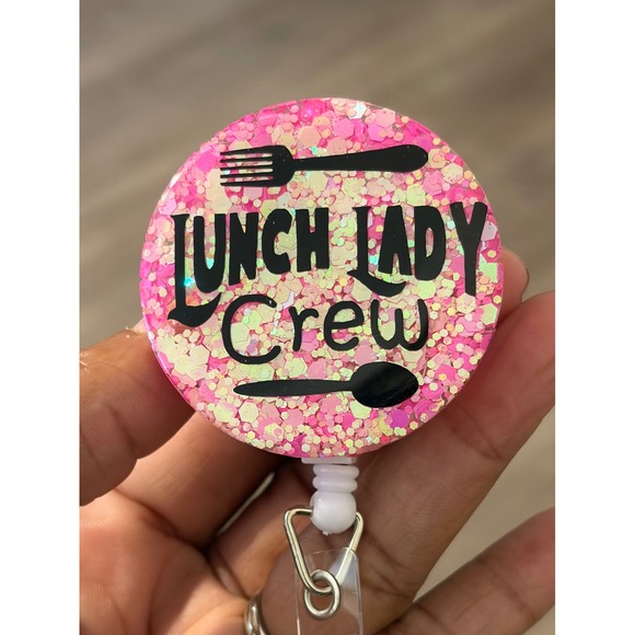 Handmade Accessories - Lunch Lady Crew Glitter Resin Badge Reel Retractable ID Holder One of a Kind